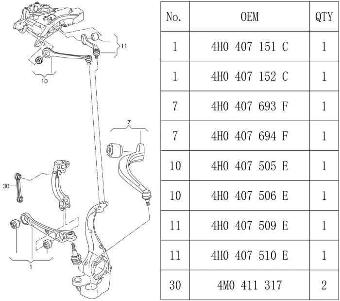 4H0498998S1 Suspension Parts Control Arm Kit for 